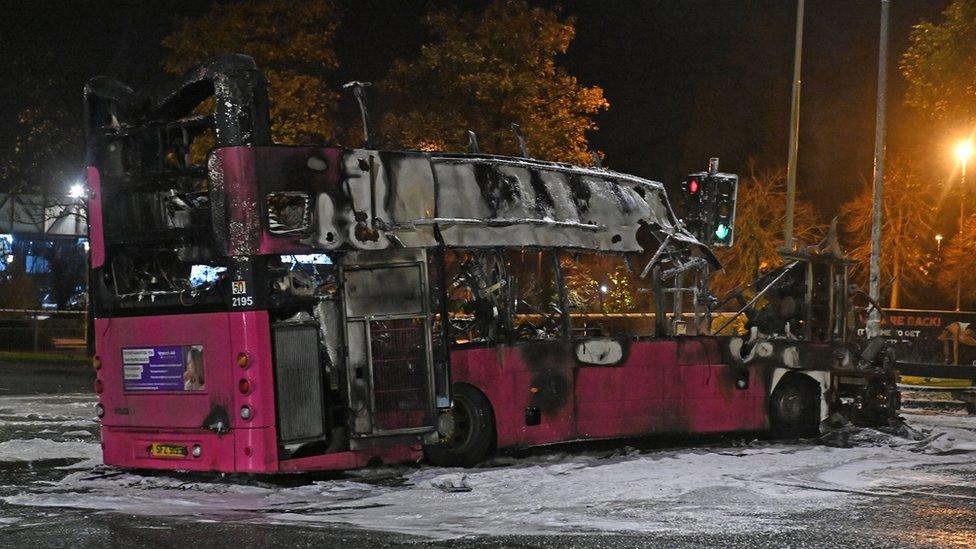 Burnt wreckage of a Metro bus in Rathcoole