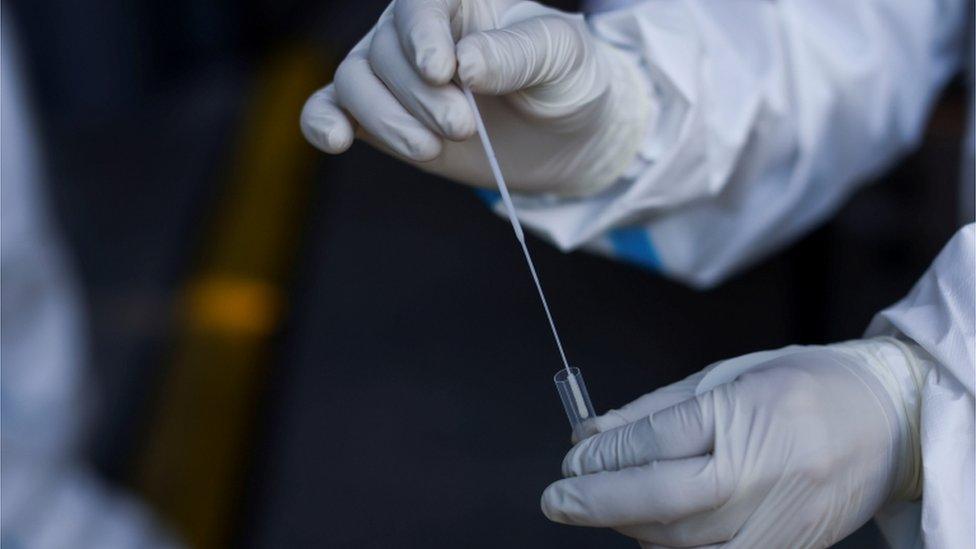 A health worker holds a Covid-19 swab stick