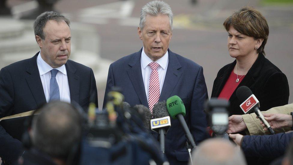 DUP members Nigel Dodds, Peter Robinson and Arlene Foster