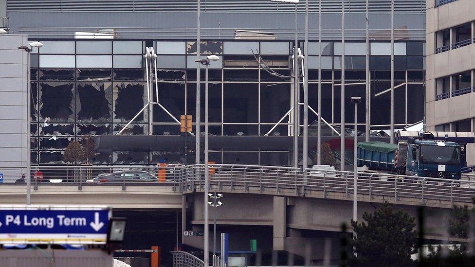 The bomb-damaged departure hall area of Brussels airport (24 March)