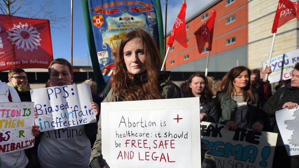 People gather in Belfast in support of 21 year old woman, convicted for buying pills online that induced a miscarriage, in April 2016