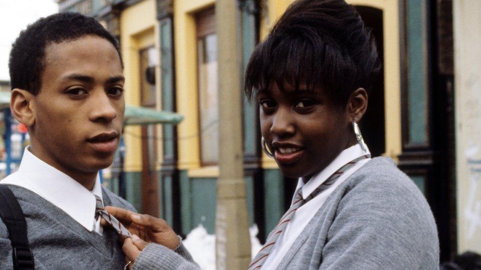 Michelle Gayle as Hattie Tavernier in EastEnders in 1991, alongside her on screen sibling Lloyd, played by Garey Bridges