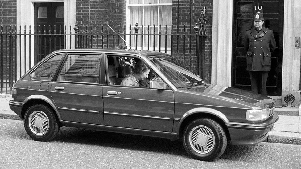 Margaret Thatcher in an Austin Maestro