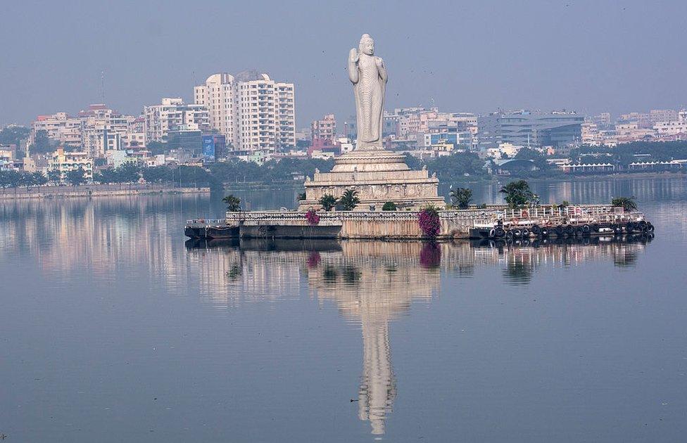 A 18-meter high Buddha statue stands in the middle of Hyderabad's Hussain Sagar lake.