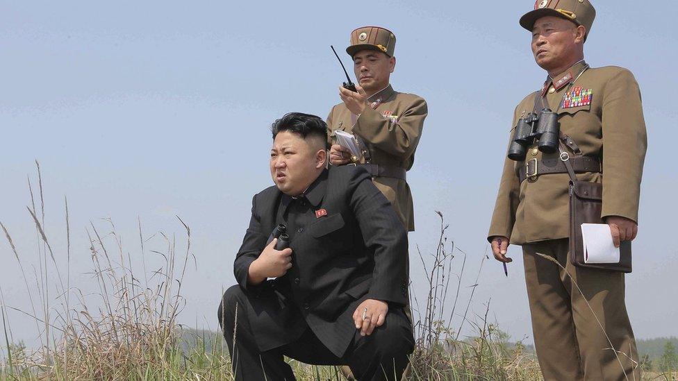 North Korean leader Kim Jong-un inspects military drill. Undated image from KCNA