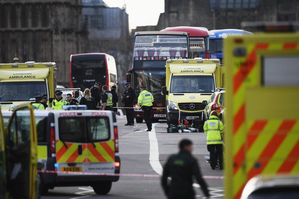 Police and paramedics on the scene after the Westminster attack