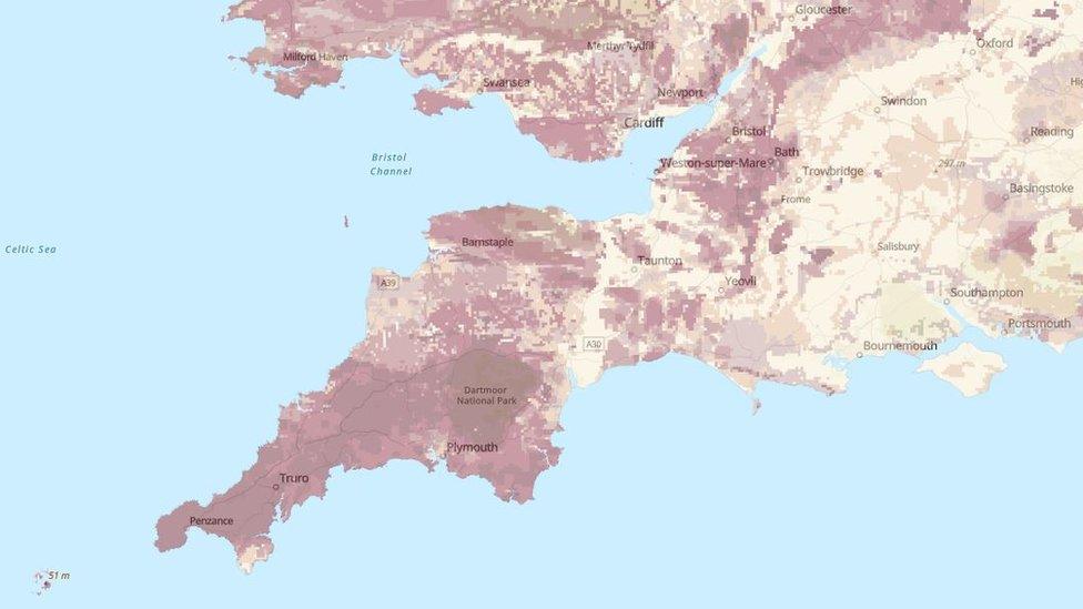 Map showing radon levels in England