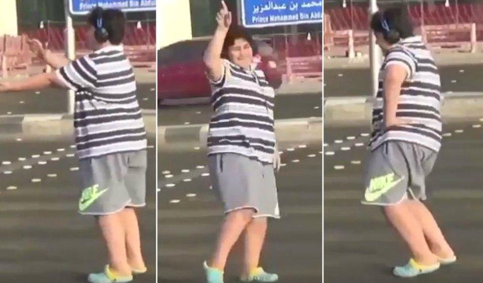 Three collaged screengrabs show a teen wearing a stripey shirt and sport shorts at various stages of doing the popular Macarena dance in a Saudi street