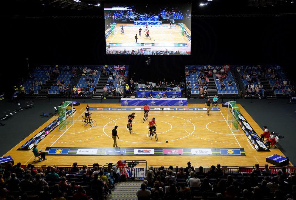 Action from Canada versus Hong Kong in the Men’s Elite Cycle-ball League B on day nine of the 2023 UCI Cycling World Championships at the Emirates Arena, Glasgow