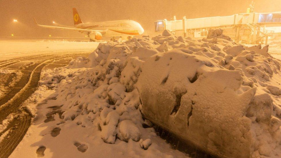 A Chengdu Airlines Airbus A320 aircraft stands at Shenyang Taoxian International Airport during a heavy snowfall on November 8, 2021 in Shenyang, Liaoning Province of China