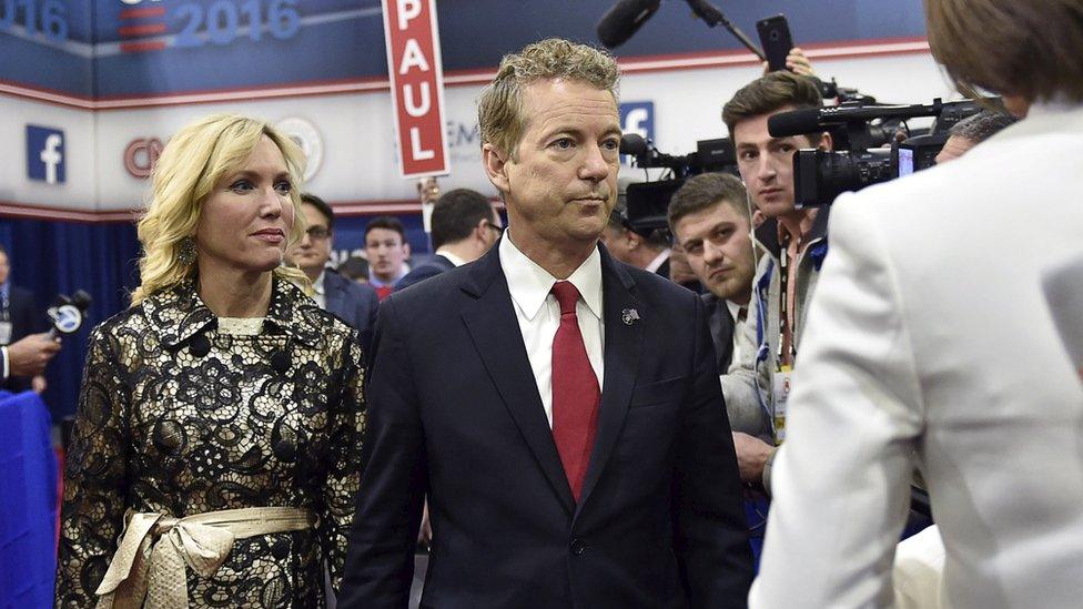 U.S. Republican presidential candidate Senator Rand Paul and his wife Kelley Paul arrive to speak to the media in the spin room following the U.S. Republican presidential debate in Las Vegas, Nevada December 15, 2015.