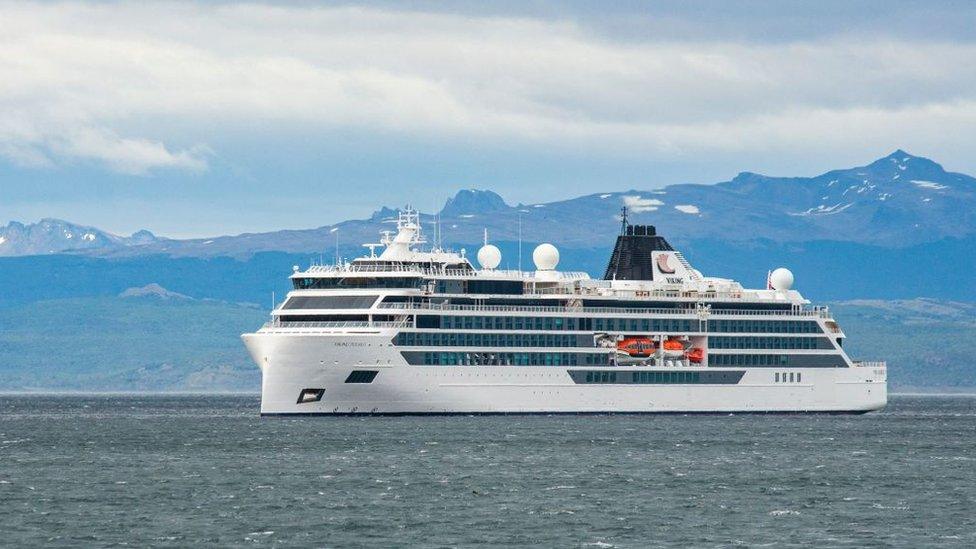 The Viking Polaris anchored in Ushuaia, southern Argentina