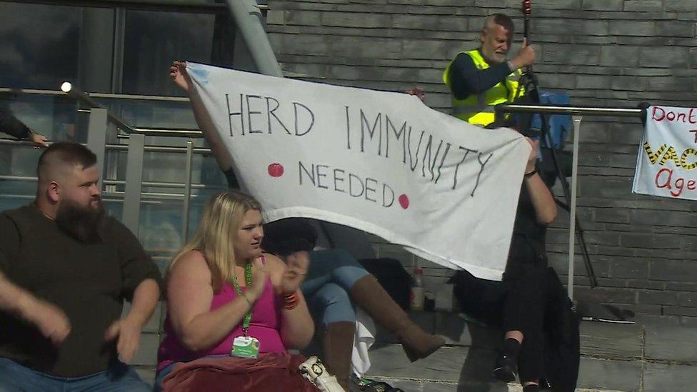 Protesters listened to speeches from the Senedd steps