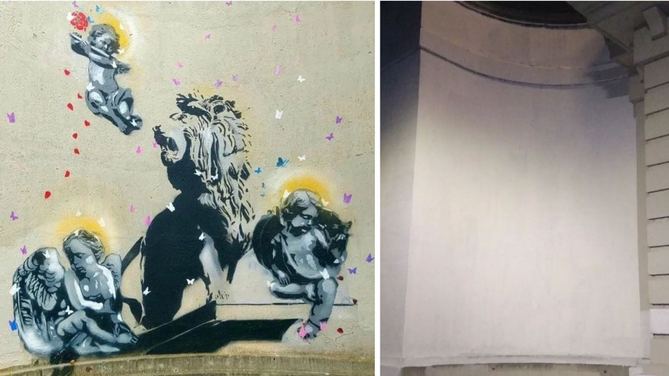 Mural (left) and painted over (right)