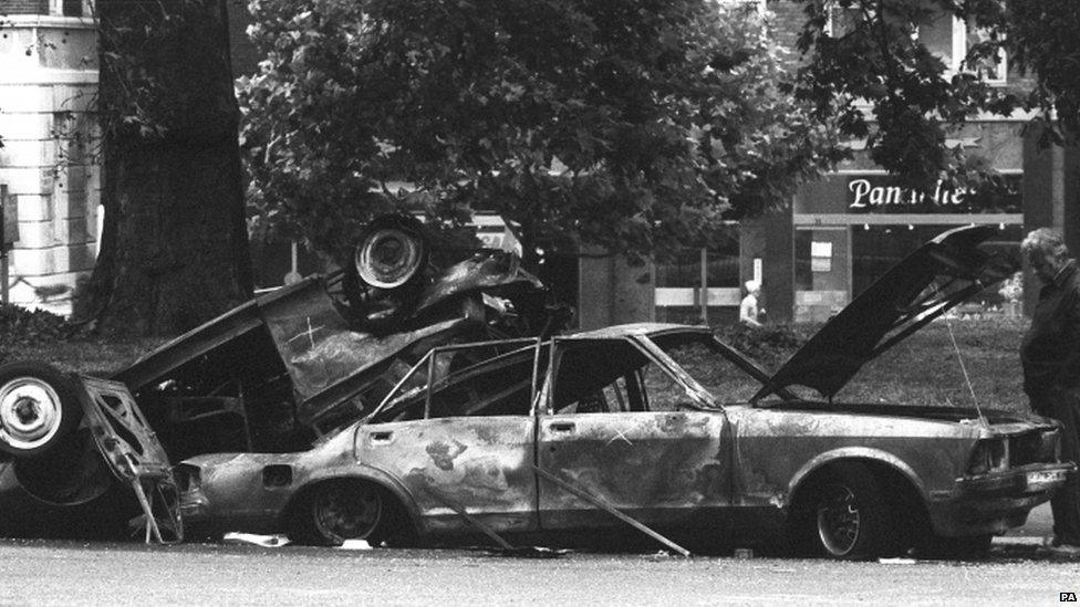 The remains of car used in a bomb attack in Hyde Park in 1982