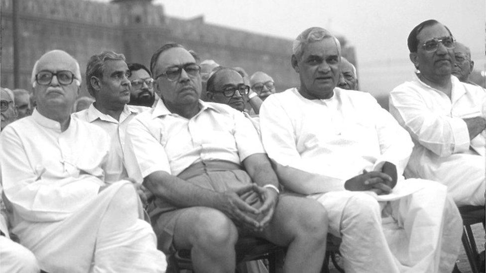 K Advani, Kedar Nath Sahney, Atal Bihari Vajpayee and Vijay Kumar Malhotra at a RSS Rally at Red Fort Grounds, 1977