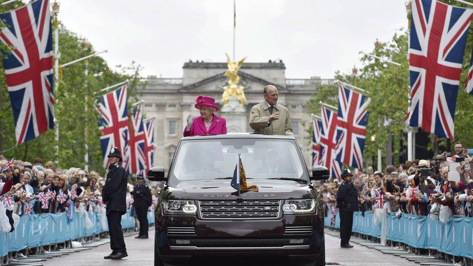 The Queen and Prince Philip were followed by the Duke and Duchess of Cambridge and Prince Harry as they waved to guests gathered on The Mall.