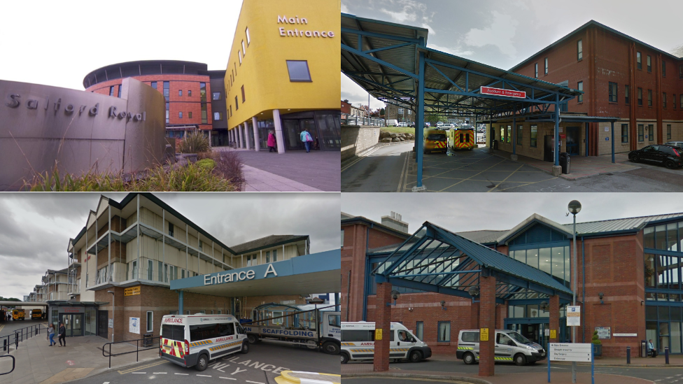 Clockwise from top left: Salford Royal Hospital, Fairfield General Hospital, Rochdale Infirmary, Royal Oldham Hospital