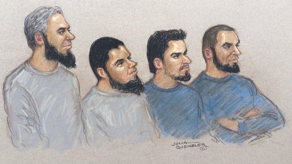 Birmingham and Stoke terror arrests: Court sketch showing (L-R) Naweed Ali, Khobaib Hussain, Mohibur Rahman and Tahir Aziz