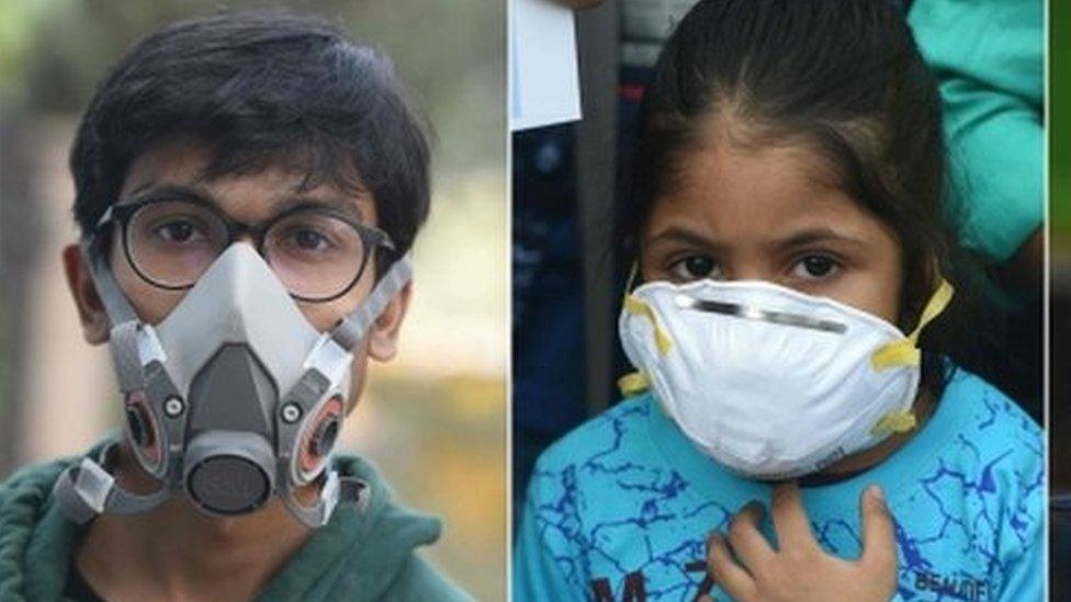 This combination of pictures created on November 6, 2018 shows people wearing face masks to protect themselves against air pollution in Delhi