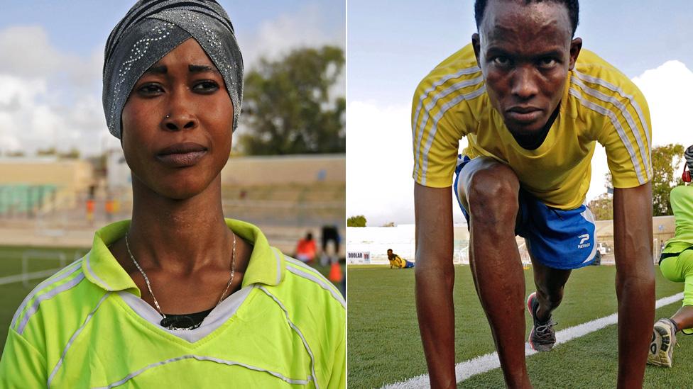 Somalia's athletes Mohamed Daud Mohamed (R) and Marian Nuh Muse