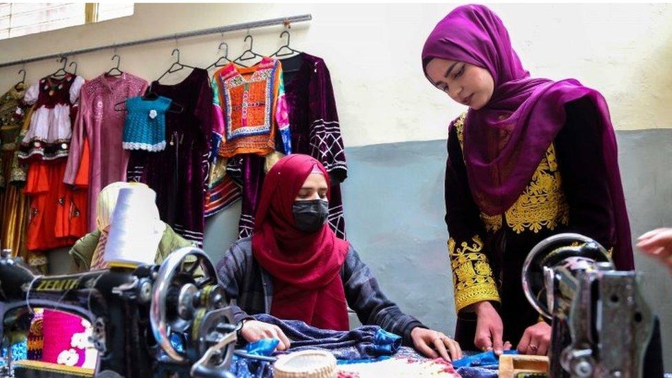 Women at a tailoring workshop in Kabul, Afghanistan