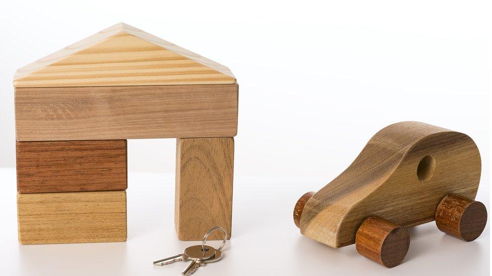 Wooden toy house and car