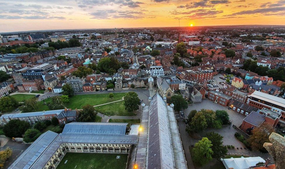 Aerial view of Norwich from the cathedral spire