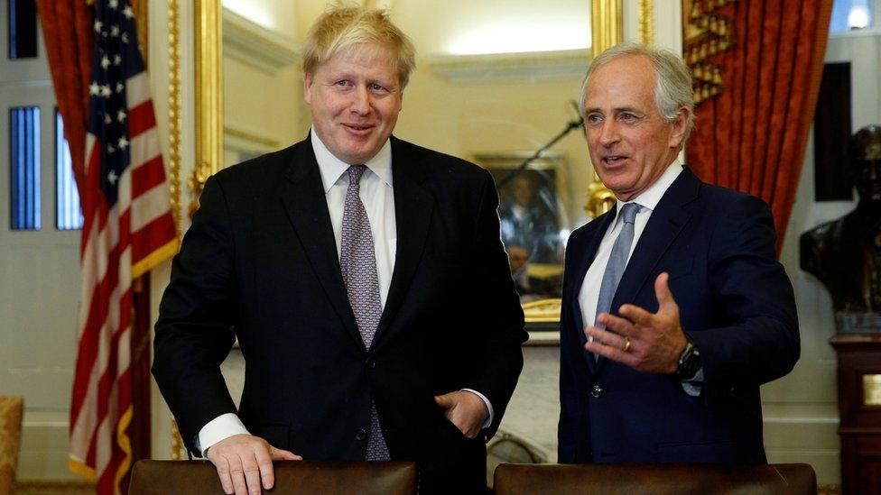 British Foreign Secretary Boris Johnson (L) meets with Senate Foreign Relations Committee Chairman Bob Corker (R) in the U.S. Capitol in Washington, U.S., January 9, 2017