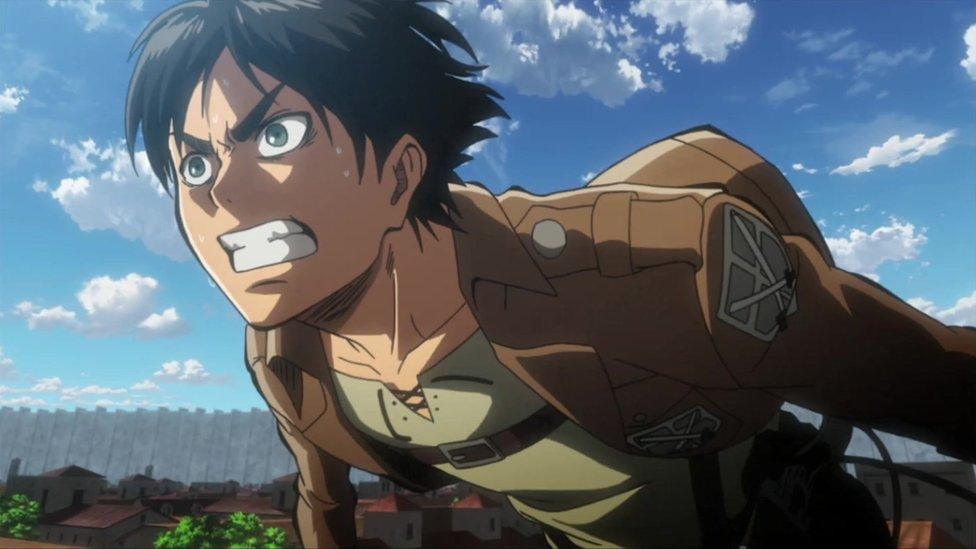 Lead character Eren runs across a roof