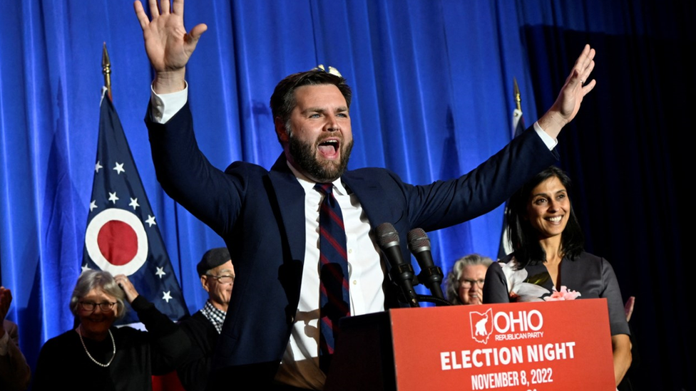 J D Vance, Republican candidate celebrating being elected to the US Senate