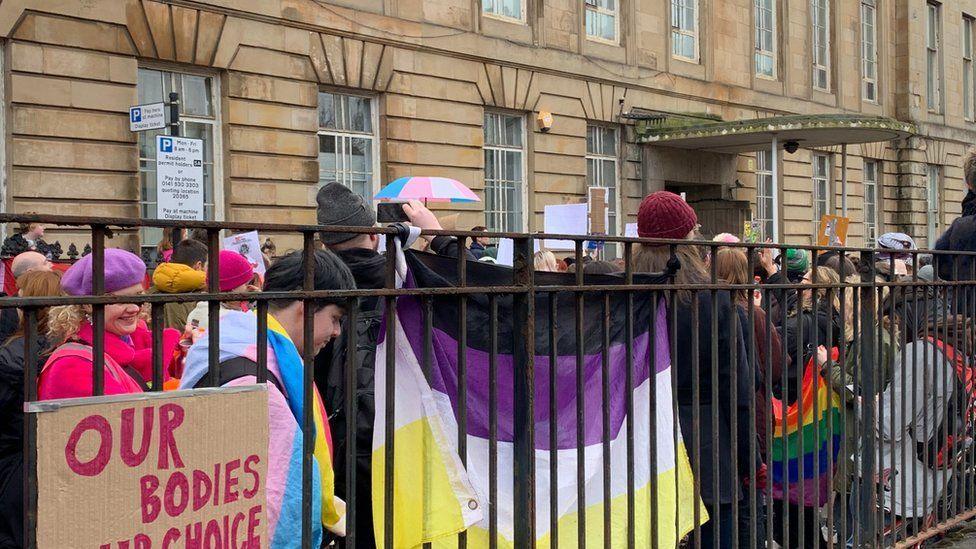 Pro-trans activists protesting outside the Sandyford clinic in Glasgow earlier in 2024