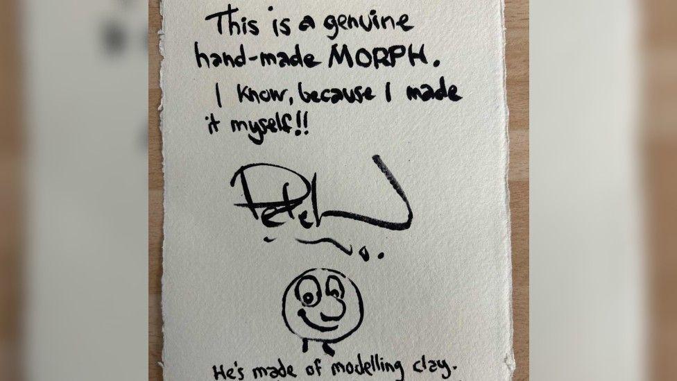 A hand-written letter saying "This is a genuine hand-made Morph. I know because I made it myself!!" and signed, Peter