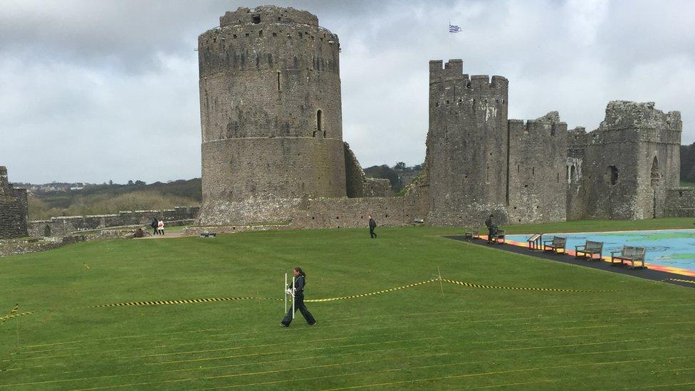 A geophysical survey being carried out at Pembroke Castle