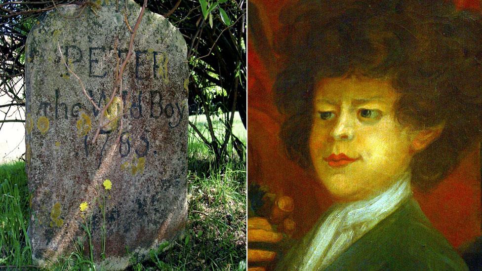 Peter the wild boy's grave and a portrait of him