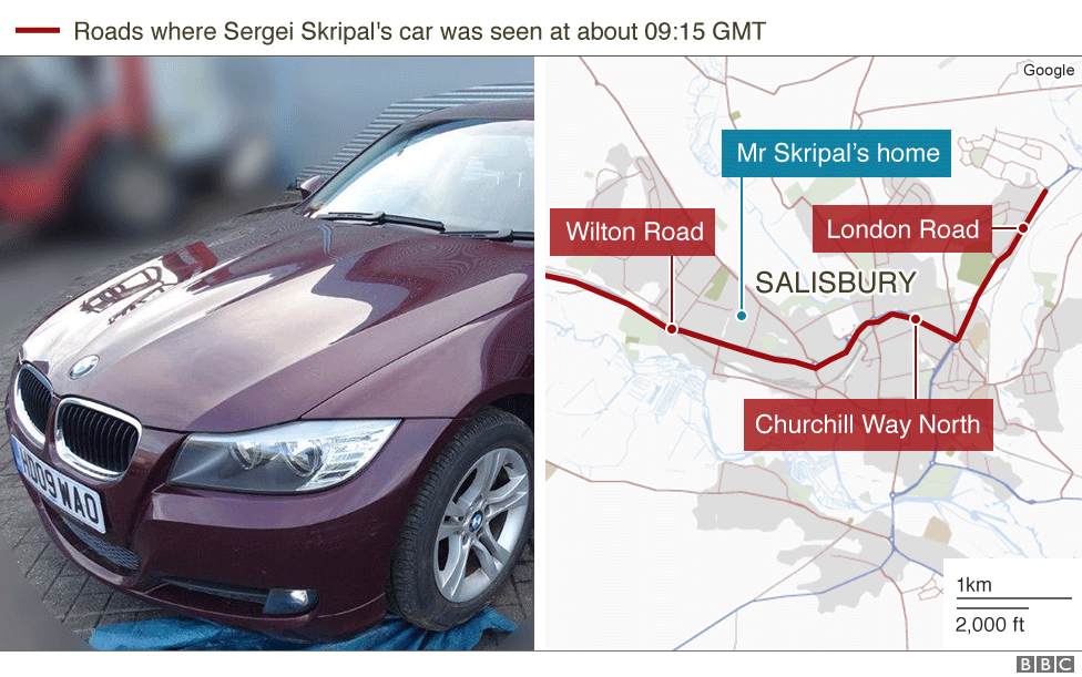 Map showing sightings of Sergei Skripal's car