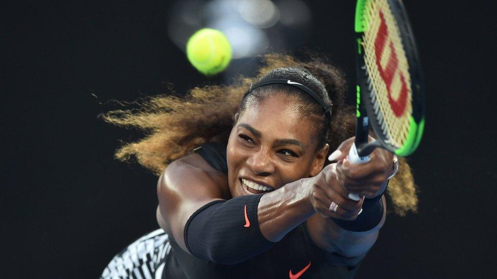 January 28, 2017: Serena Williams of the US hitting a return against Venus Williams of the US during the women's singles final on day 13 of the Australian Open tennis tournament in Melbourne