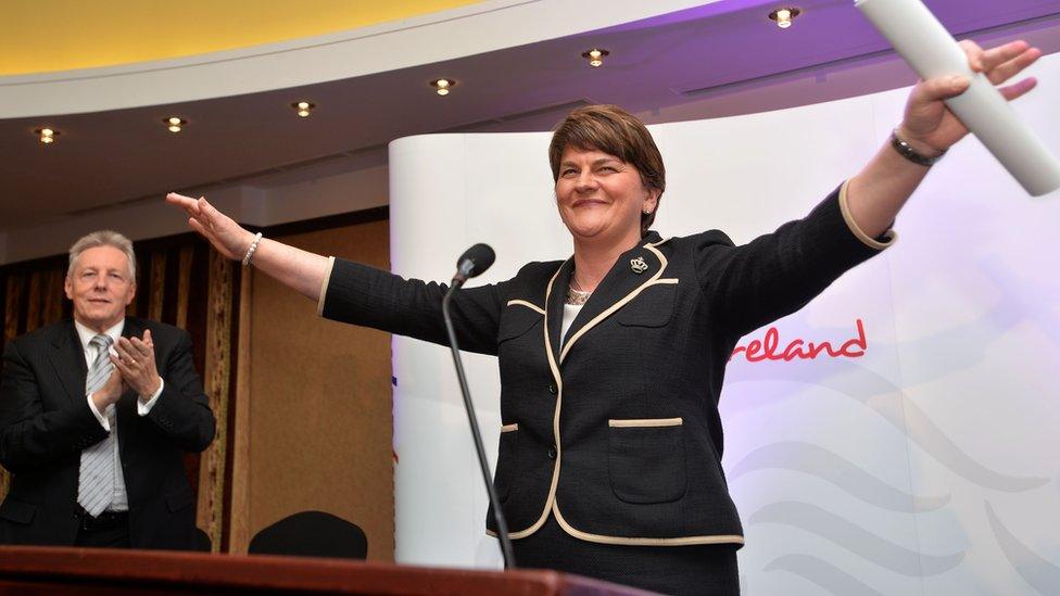 Arlene Foster took over from Peter Robinson (left) as leader of the DUP in 2015