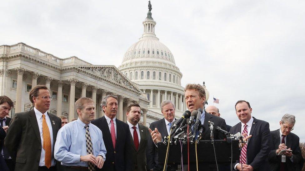 Sen. Rand Paul (R-KY) (C) speaks about Obamacare repeal and replacement while flanked by members of the House Freedom Caucus, during a news conference on Capitol Hill, on March 7, 2017 in Washington, DC.