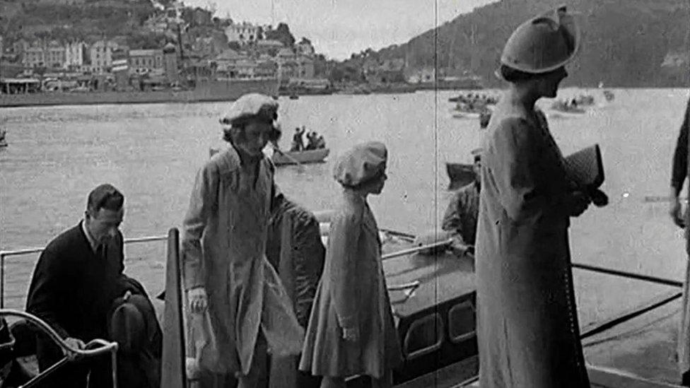 Princess Elizabeth, Princess Margaret and Queen visiting Britannia Royal Naval College in Dartmouth