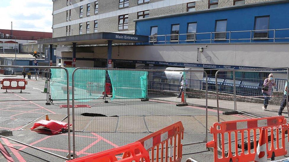 Sinkhole by entrance to Watford General Hospital