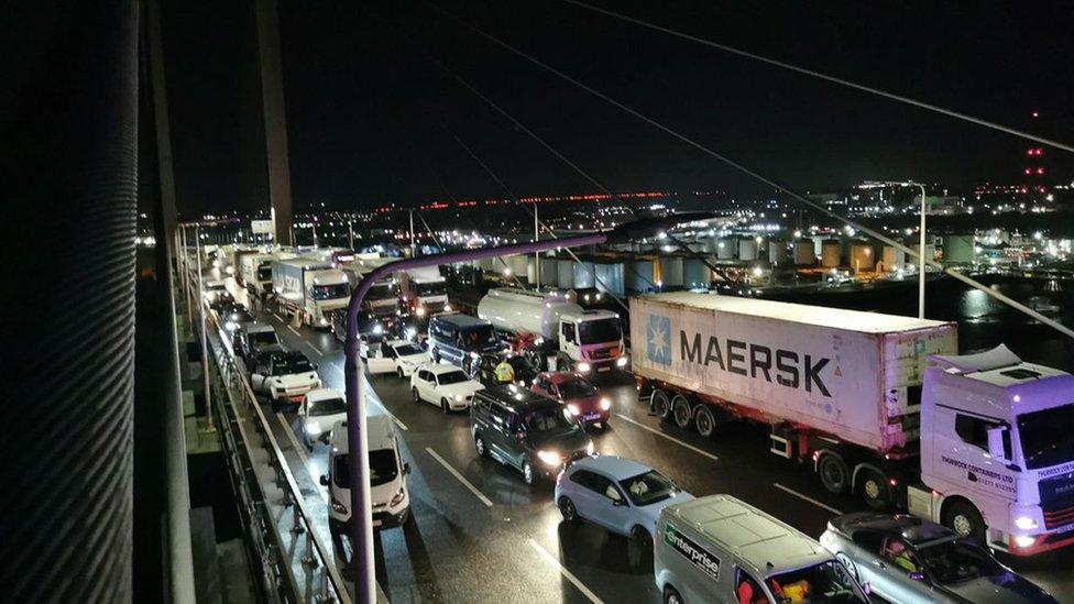 Traffic on the QE2 Bridge taken by a Just Stop Oil protester