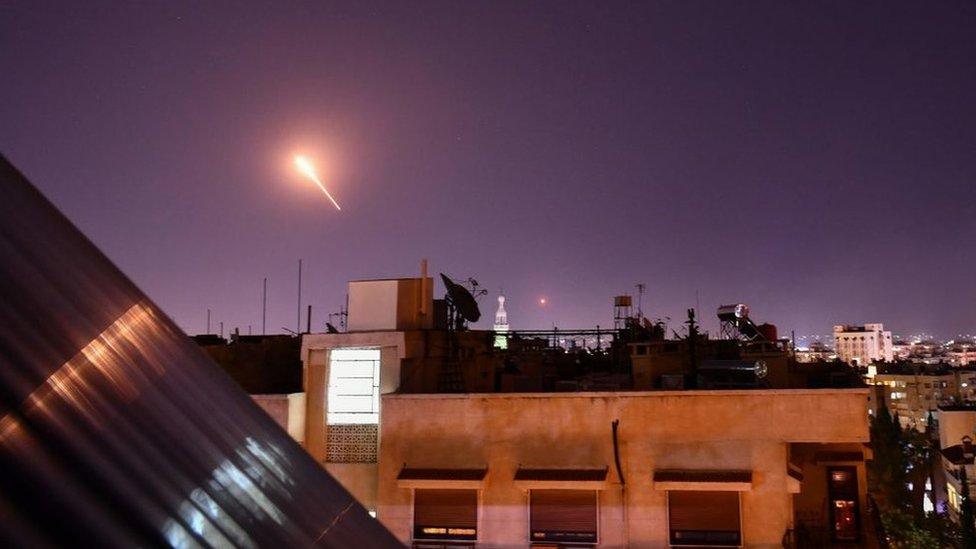 File photo from 20 July 2020 showing Syrian air-defence missile fired from near Damascus during Israeli air strikes