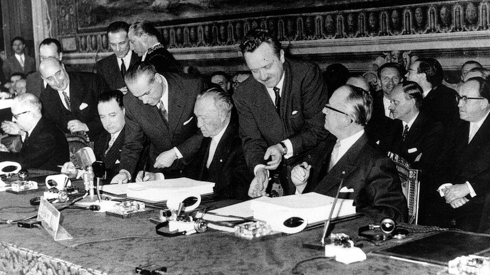 The German delegation sign the Treaty Of Rome; the Common Market and Euratom treaties in Rome