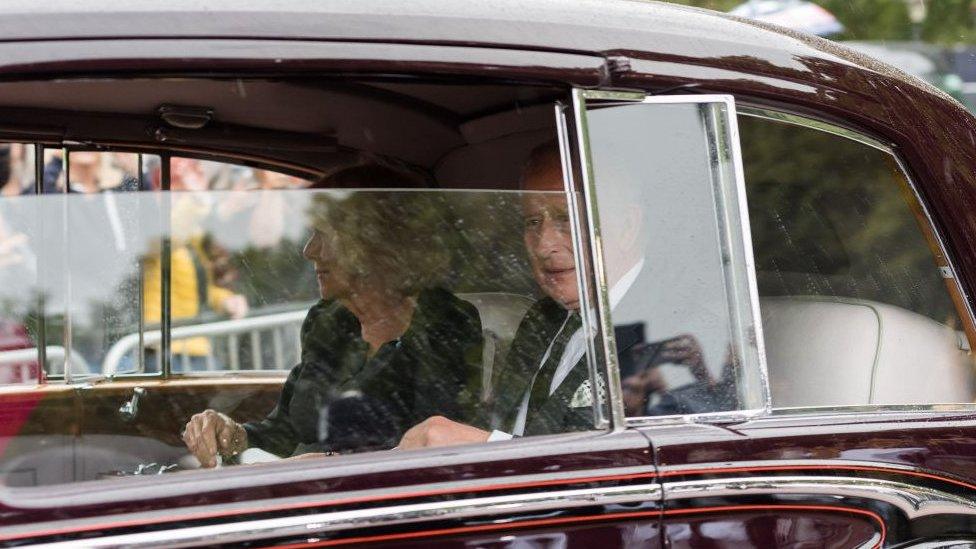 King Charles III and Camilla the Queen's consort returning to London