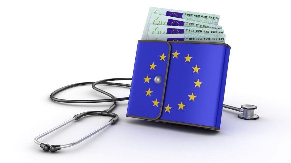 Graphic showing wallet with EU flag surrounded by stethoscope