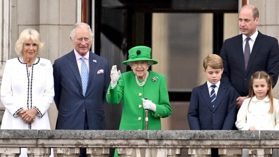 Camilla, Duchess of Cornwall, Prince Charles, Queen Elizabeth, Prince George, Prince William, Princess Charlotte, Prince Louis and Catherine, Duchess of Cambridge stand on the balcony during the Platinum Pageant, marking the end of the celebrations for the Platinum Jubilee.