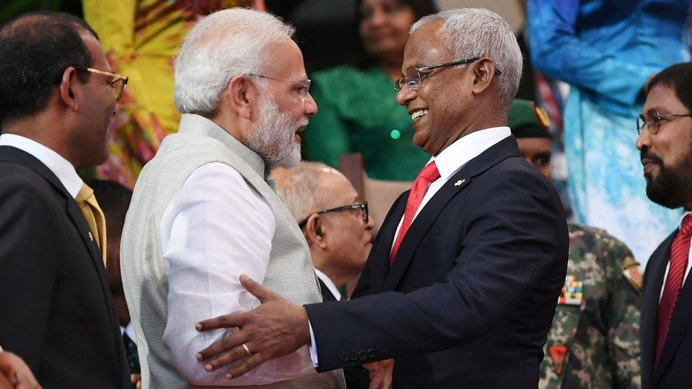 Indian Prime Minister Narendra Modi, left, at the inauguration of Maldives President Mohamed Solih, right