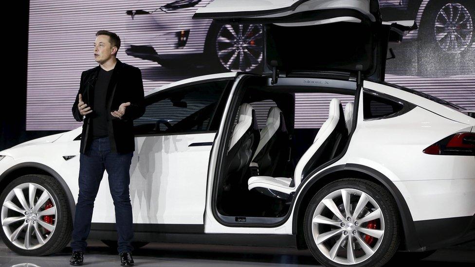 Elon Musk in front of Tesla Model X car