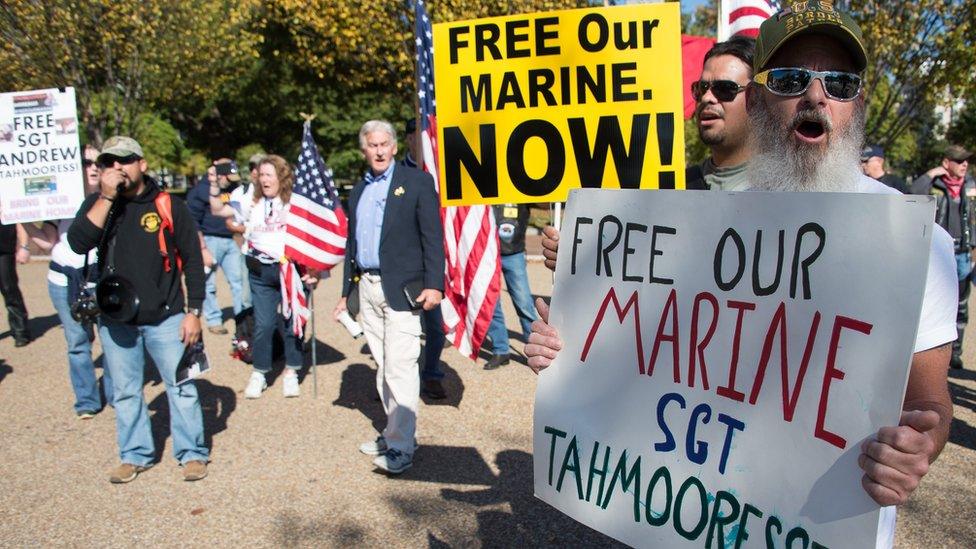 US military veterans chant slogans during a protest demanding the release of US Marine veteran Andrew Tahmooressi, who is being held on gun charges in Mexico, in front of the White House in Washington on October 25, 2014.